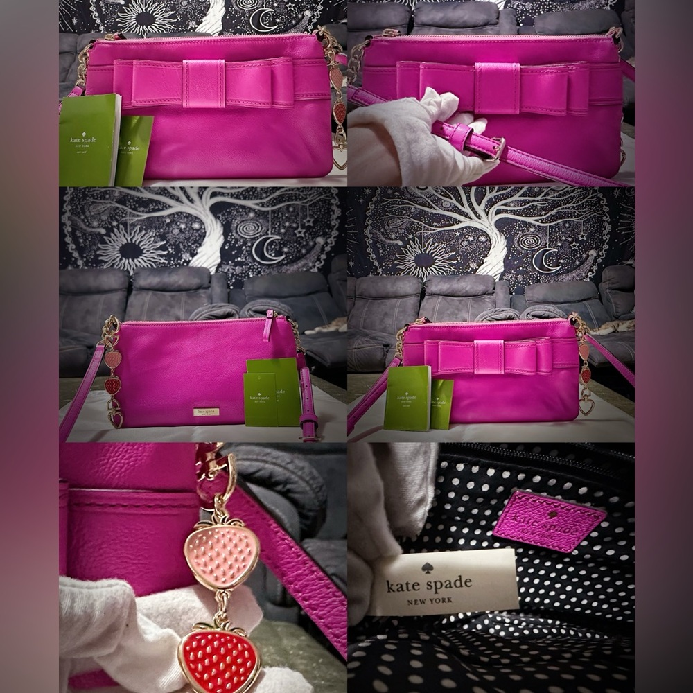Y2K Kate Spade pink soft leather Fuchsia Crossbody Bag with strawberry keychain - Picture 10 of 17